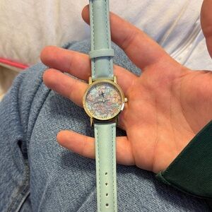 Pastel Blue Map Face Gold-Tone Watch